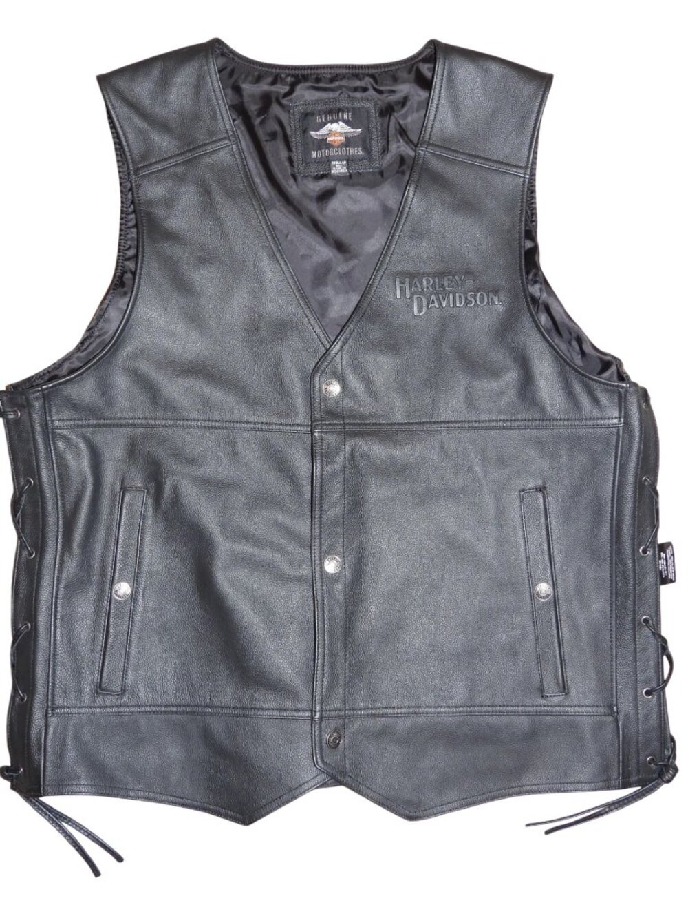 Harley-Davidson Men’s Black Leather Vest Lace-Up Sides Button Front Size XXL